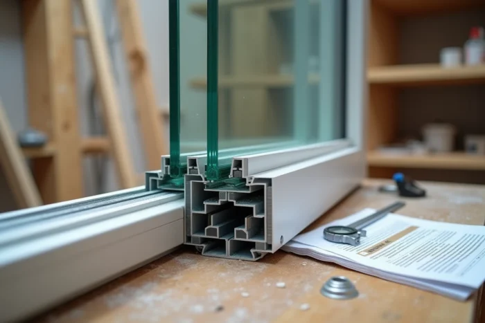 Coupe transversale d'un double vitrage posé sur un établi de chantier avec outil de mesure et fiche de conformité réglementaire