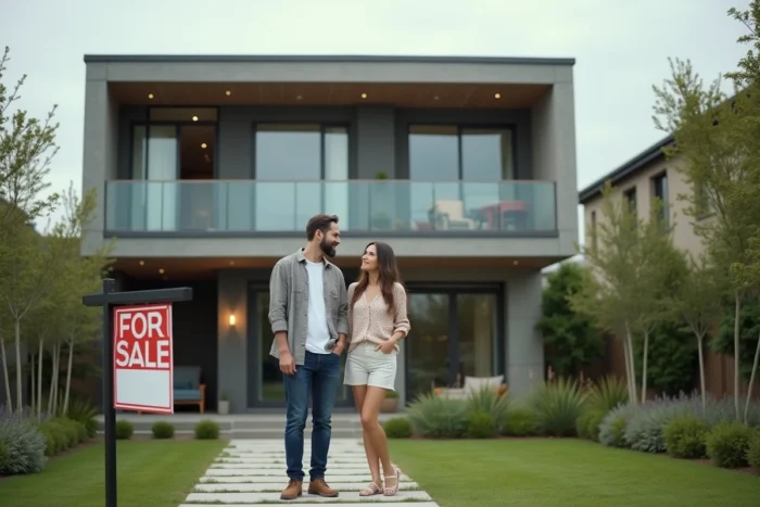 Couple devant une maison contemporaine à vendre dans un quartier résidentiel en 2024