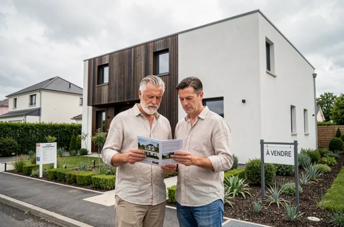 Couple de futurs acquéreurs examinant une brochure immobilière devant une maison neuve à façade moderne en zone résidentielle