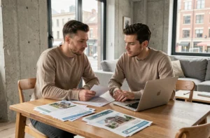 Couple en train d'analyser des documents immobiliers pour choisir entre louer ou acheter un appartement en 2026