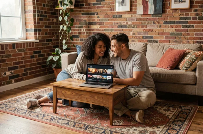 Couple choisissant un film sur une plateforme de streaming depuis un ordinateur portable dans leur salon
