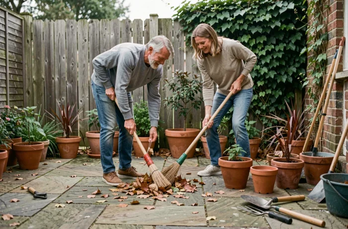 Couple entretenant une terrasse extérieure en pierre, arrangeant des pots de fleurs en terre cuite et balayant des feuilles mortes