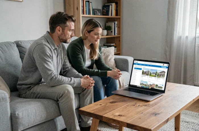 Couple gérant leurs services immobiliers en ligne depuis leur espace client sur un ordinateur à domicile