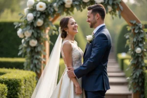 Couple de mariés partageant un moment complice sous une arche florale lors d'une cérémonie de mariage en extérieur