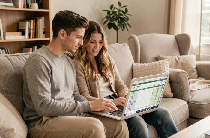 Couple planifiant leur budget familial sur un ordinateur portable dans leur salon, gestion financière au quotidien