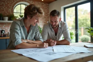 Couple examinant des plans immobiliers et des documents de projet sur une table en bois dans un intérieur chaleureux
