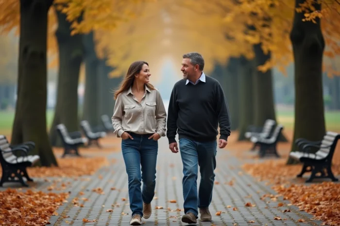 Couple en promenade automnale dans un parc urbain, symbole de vie commune et de valeurs partagées dans la société contemporaine
