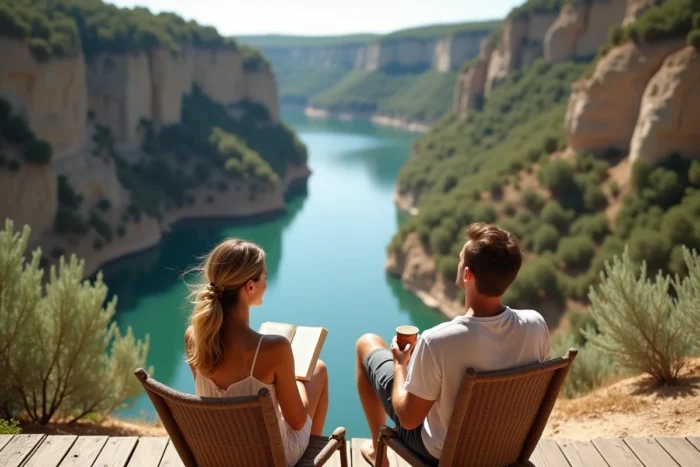 Couple profitant de la terrasse d'une location de vacances avec vue sur les Gorges de l'Ardèche