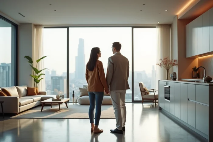 Couple visitant un appartement moderne rénové avec vue sur la ville pour un investissement immobilier