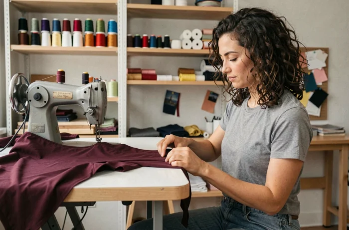 Femme cousant à la machine à coudre le fond protecteur d'un maillot de bain menstruel bordeaux dans un atelier de couture moderne