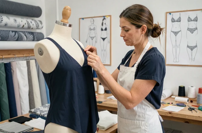 Créatrice de mode épinglant un maillot de bain menstruel en tissu technique sur un mannequin de couture dans un atelier de création textile