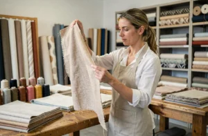 Créatrice textile examinant des échantillons de tissu dans un atelier de mode moderne