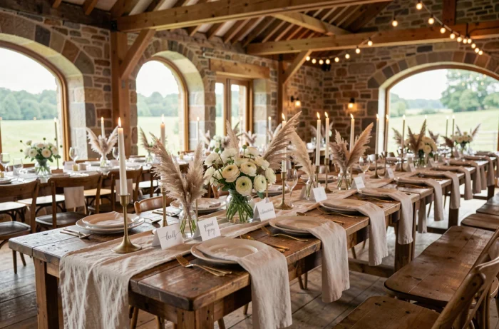 Décoration de table de mariage champêtre avec fleurs séchées, bougeoirs en laiton et chemin de table en lin dans une grange rénovée