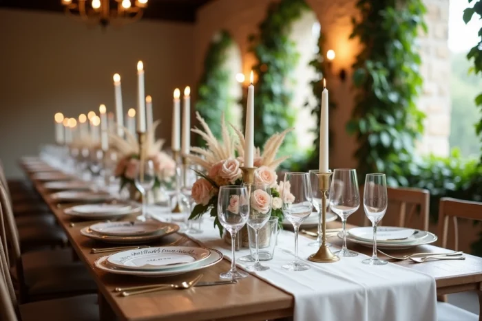 Table de mariage décorée avec des fleurs de pivoines roses, de la vaisselle dorée et des bougies dans un château rustique