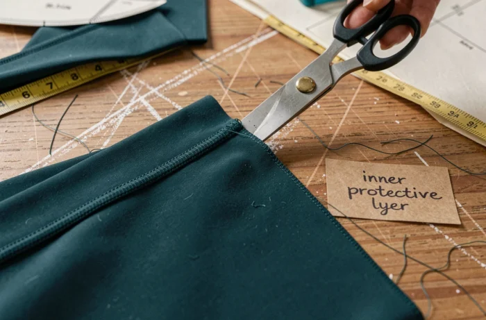 Découpe en gros plan des couches de tissu technique pour la fabrication d'un maillot de bain menstruel avec patron de couture et mètre ruban