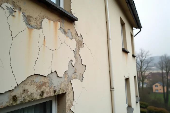 Façade d'immeuble résidentiel avec fissures, moisissures et peinture écaillée après un hiver pluvieux