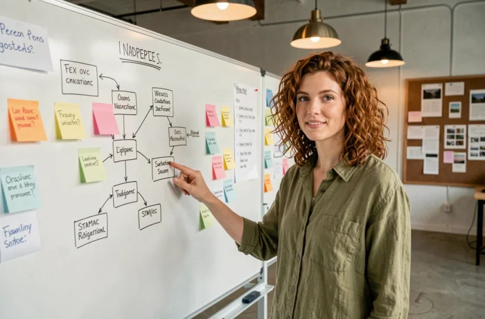 Designer UX présentant une architecture de site et un plan de sitemap sur tableau blanc