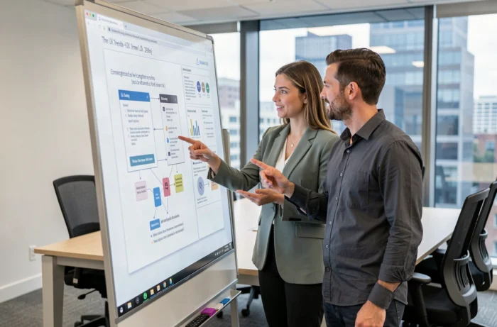 Deux designers web discutant des tendances UX et accessibilité web devant un tableau numérique en agence créative