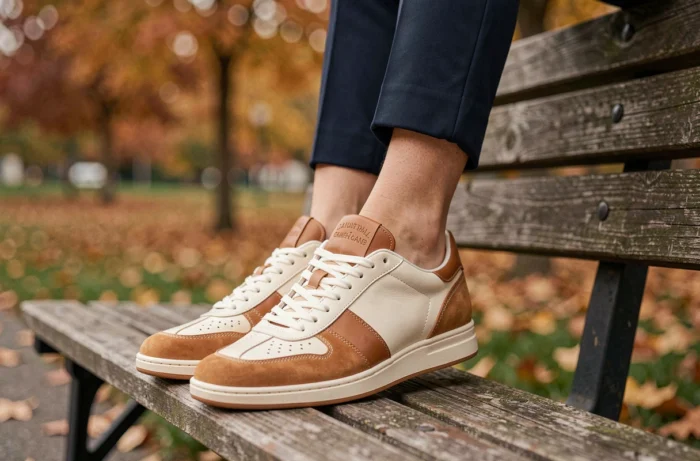 Gros plan sur des baskets italiennes femme Serafini bicolores cuir ivoire et cognac, détail couture artisanale en parc urbain automnal