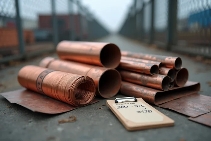 Détail de câbles, tubes et plaques en cuivre recyclé avec étiquette de prix dans un dépôt de ferraille