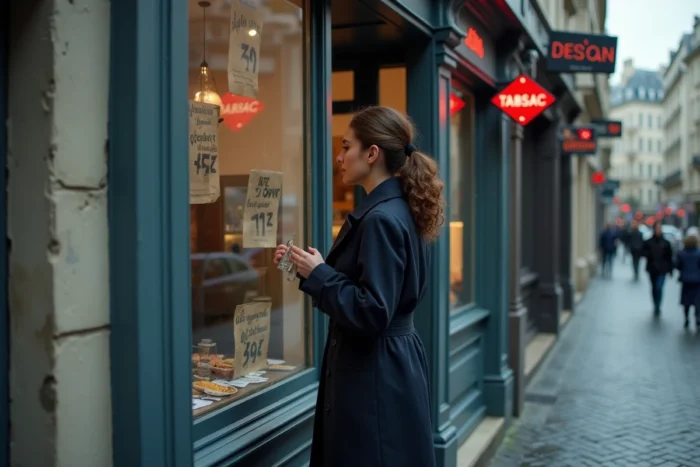 Une femme devant la devanture d'un bureau de tabac parisien lisant les tarifs affichés en vitrine, enseigne rouge losange visible au-dessus de la porte