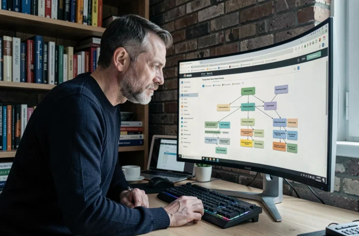 Développeur web configurant un outil de sitemap visuel sur son écran d'ordinateur