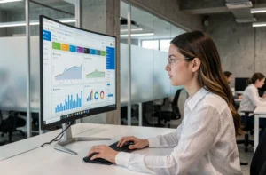 Développeuse web en train de consulter des tendances et dashboards web sur un grand écran dans un bureau moderne