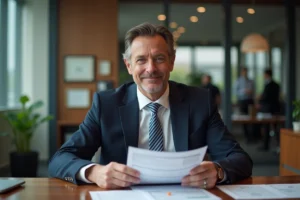 Directeur d'agence bancaire en costume marine examinant des documents financiers dans son bureau moderne avec vue sur l'espace bancaire