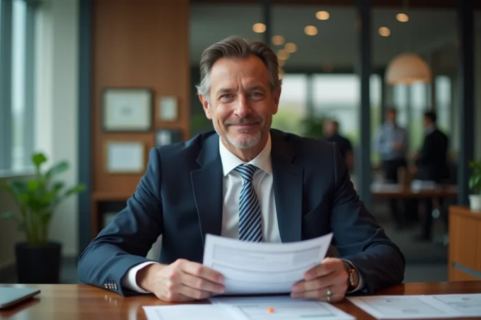 Directeur d'agence bancaire en costume marine examinant des documents financiers dans son bureau moderne avec vue sur l'espace bancaire