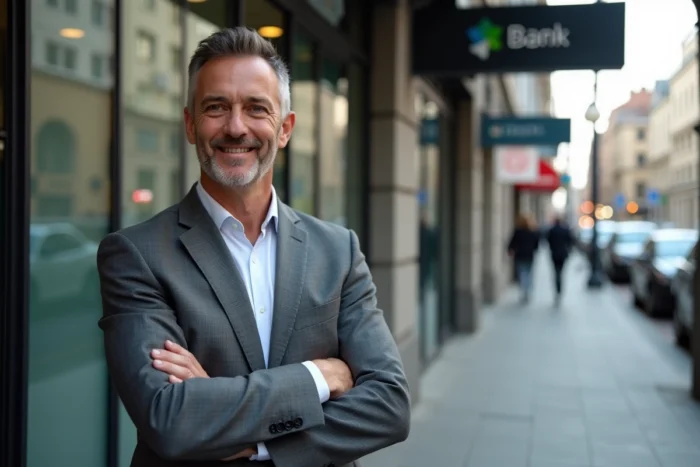Directeur d'agence bancaire en costume gris devant la façade d'une banque moderne en milieu urbain