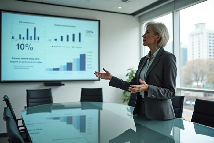 Directrice d'agence bancaire présentant des données salariales et des tendances de rémunération 2024 lors d'une réunion professionnelle