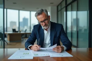 Dirigeant d'entreprise examinant des documents financiers liés à un trop-perçu en prévoyance collective