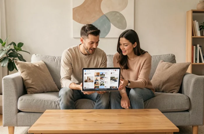 Deux personnes découvrant ensemble les tendances et actualités incontournables des réseaux sociaux sur un ordinateur portable