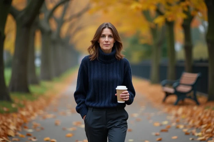 Femme élégante et discrète se promenant dans un parc parisien en automne, illustrant l'intimité et la vie familiale préservée d'Élodie Huchard