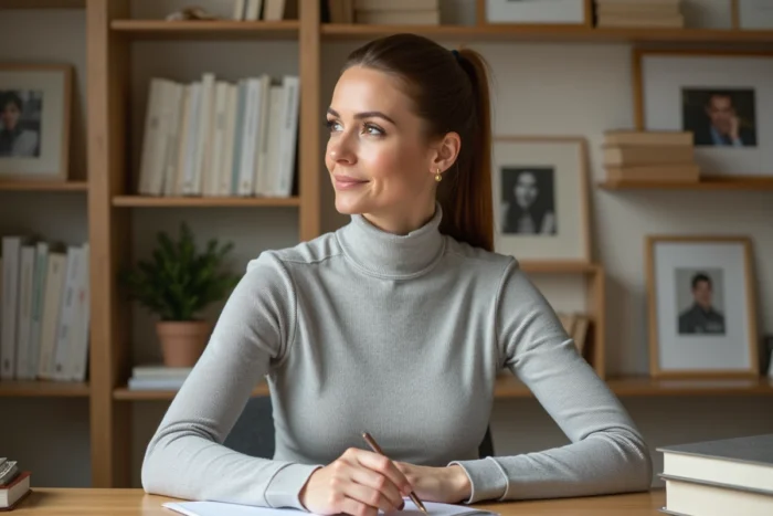 Femme française dans un bureau à domicile chaleureux entouré de photos personnelles, évoquant les secrets de famille et la discrétion d'Élodie Huchard