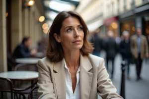 Femme française discrète et élégante attablée en terrasse de café parisien, portrait 3/4 naturel illustrant la vie privée d'Élodie Huchard