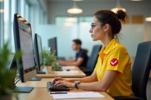 Employée de La Poste consultant son planning en ligne sur GTA La Poste depuis son poste de travail dans un bureau administratif