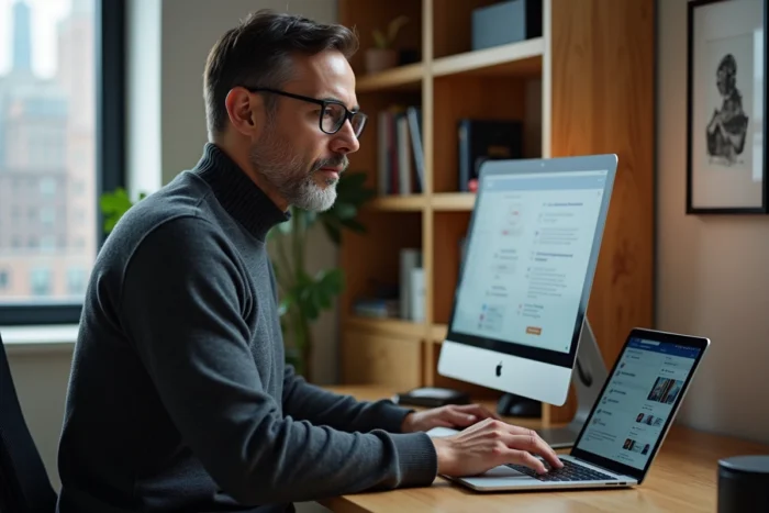 Entrepreneur en télétravail gérant des outils SEO et réseaux sociaux sur ordinateur portable et tablette pour développer la visibilité digitale de son entreprise