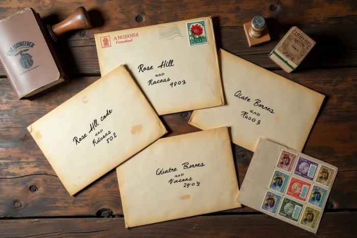Vue aérienne d'enveloppes avec codes postaux mauriciens écrits à la main sur une table en bois