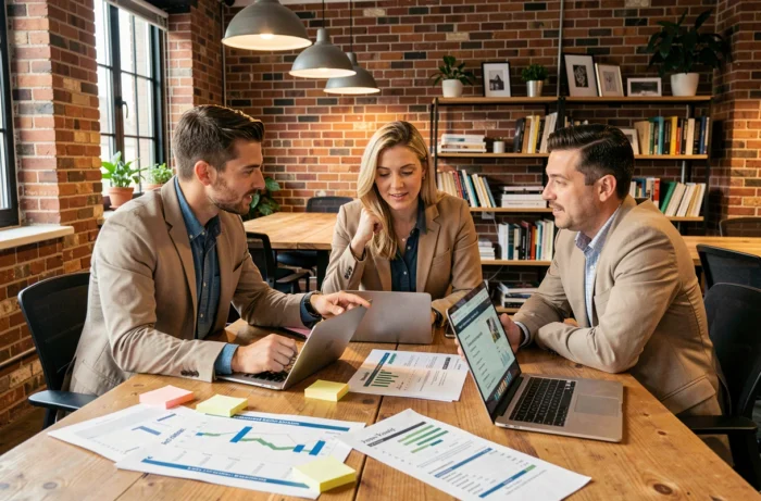 Équipe de professionnels collaborant autour de solutions digitales innovantes pour développer leur activité en ligne