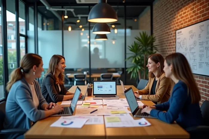 Équipe de professionnels collaborant autour d'une stratégie de marketing digital avec wireframes et ordinateurs portables dans un espace de coworking moderne