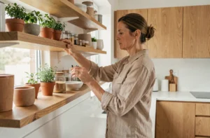 Femme rangeant des ustensiles et équipements essentiels dans une cuisine moderne bien organisée