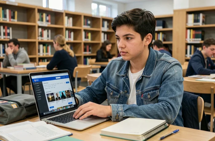 Étudiant en bibliothèque recherchant des films à télécharger sur un site DDL depuis son ordinateur
