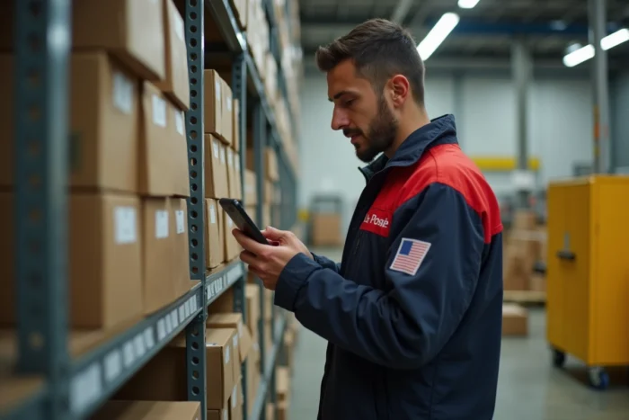 Facteur La Poste vérifiant son planning sur smartphone via l'application GTA La Poste dans un centre de tri postal