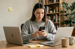 Femme consultant son smartphone pour suivre les actualités du web et des réseaux sociaux depuis un bureau minimaliste