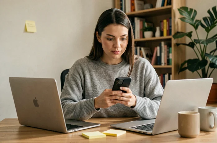 Femme consultant son smartphone pour suivre les actualités du web et des réseaux sociaux depuis un bureau minimaliste