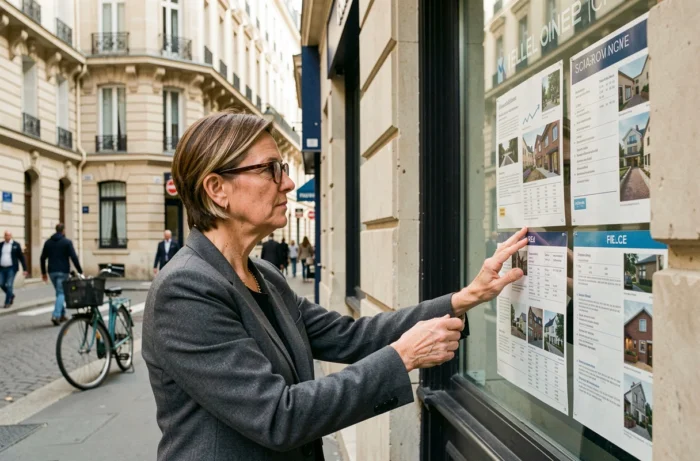 Femme consultant des annonces immobilières en vitrine d'une agence pour un projet d'achat ou de location en 2026