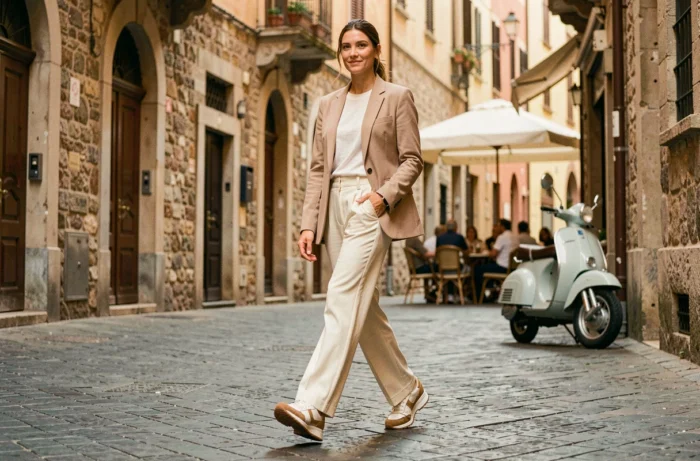 Femme élégante portant des baskets italiennes Serafini dans une rue pavée européenne, look streetwear luxe