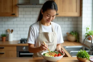 Femme préparant un Buddha bowl coloré et équilibré dans une cuisine naturelle en bois, repas minceur sain et appétissant