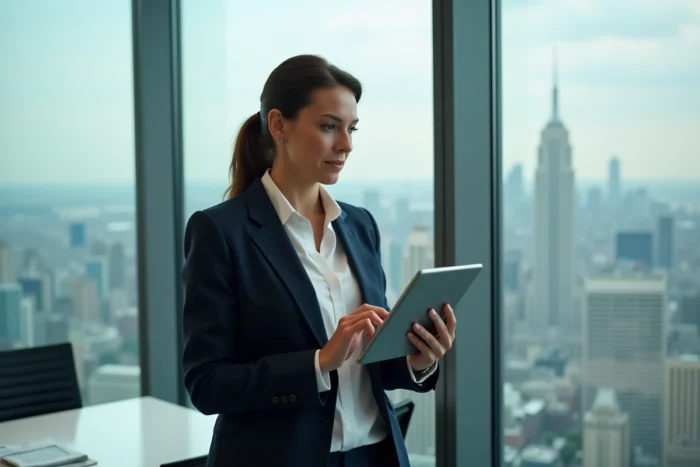 Femme cadre consultant un portefeuille d'investissements sur tablette dans un bureau avec vue sur la ville, illustrant la gestion boursière professionnelle